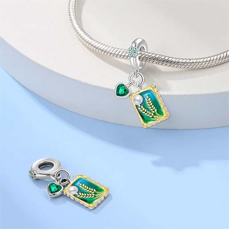 Fit DIY 925 Original Bracelets Green Wheat Field Oil Painting 925 Silver Zircon Charms Pendant DIY Exquisite Party Jewelry Gifts