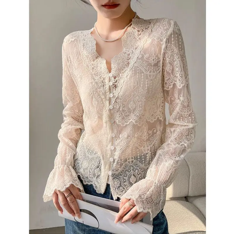 Lace Hollow Out Thin Bottoming Shirt Spring Summer New V Neck Solid Perspective Fashion Tops Tees Sexy Elegant Women Clothing