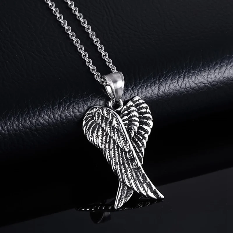 Men Necklaces Stainless Steel Gothic Vintage Double Angel Wings Pendant Collier Kolye Mens Fashion Biker Jewelry CX54