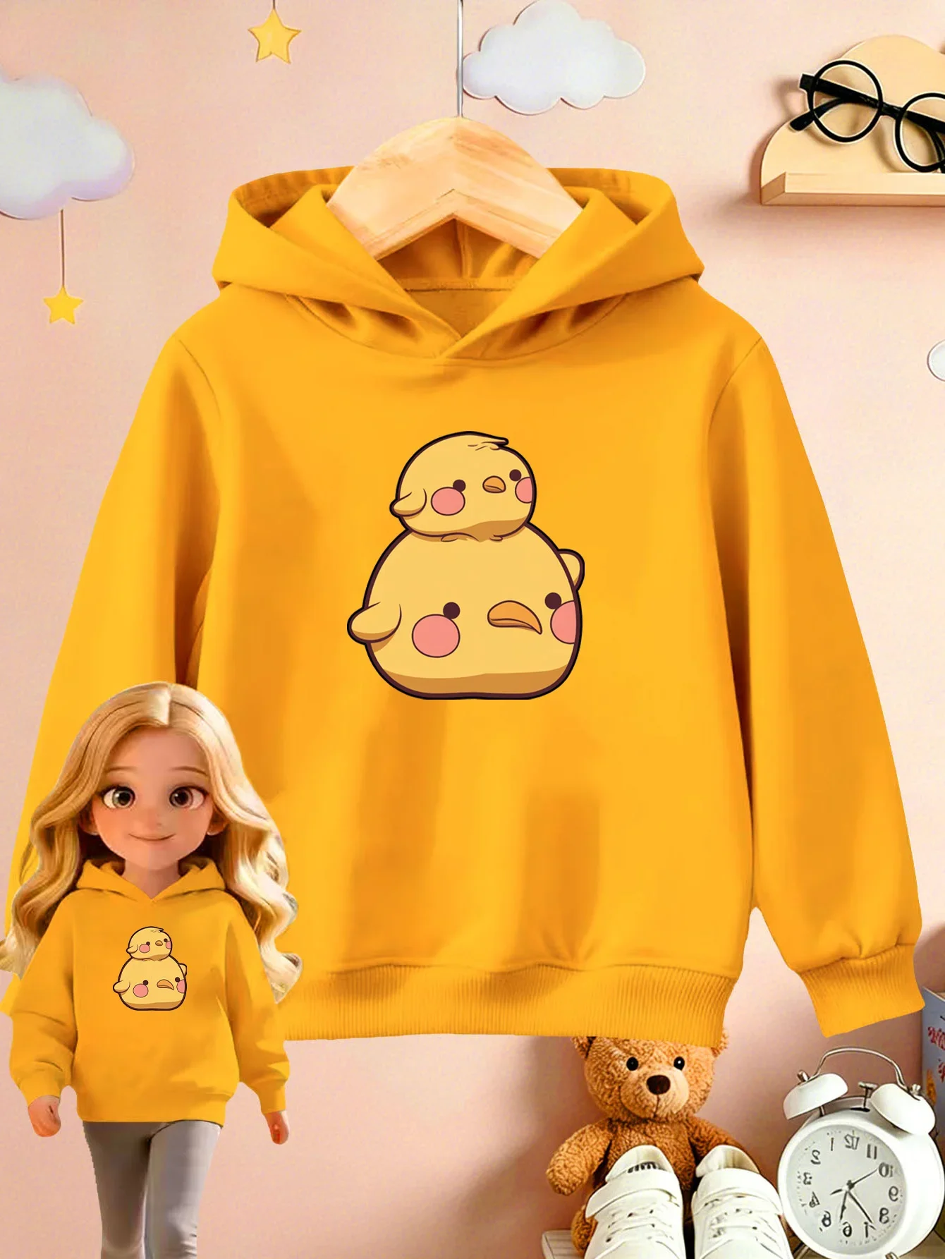Kids Boys Girls Cute Stacking Duck Graphic Hoodie Yellow Printed Chick Sweatshirt School Clothes Birthday Present Autumn
