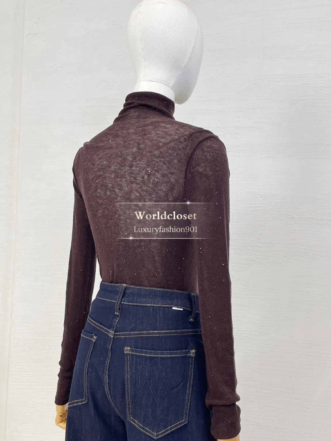 Brown Long Sleeve Yarn Fur Collar Knit Slim Pullover Long Sleeve Blouse Tops