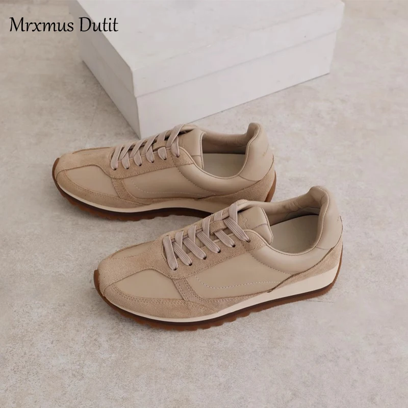 Mrxmus Dutit2024 Fashion New Women Splicing Genuine Leather Thick Sole Lacing Sneaker Flat Casual Shoes Comfort Versatile Female