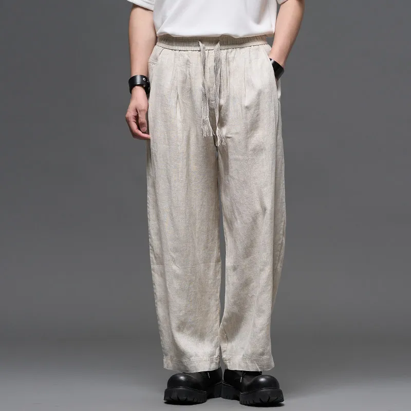 High Quality Linen Japanese-Style Retro Old Money Style Wide Leg Straight Loose Casual Men's Casual Trousers