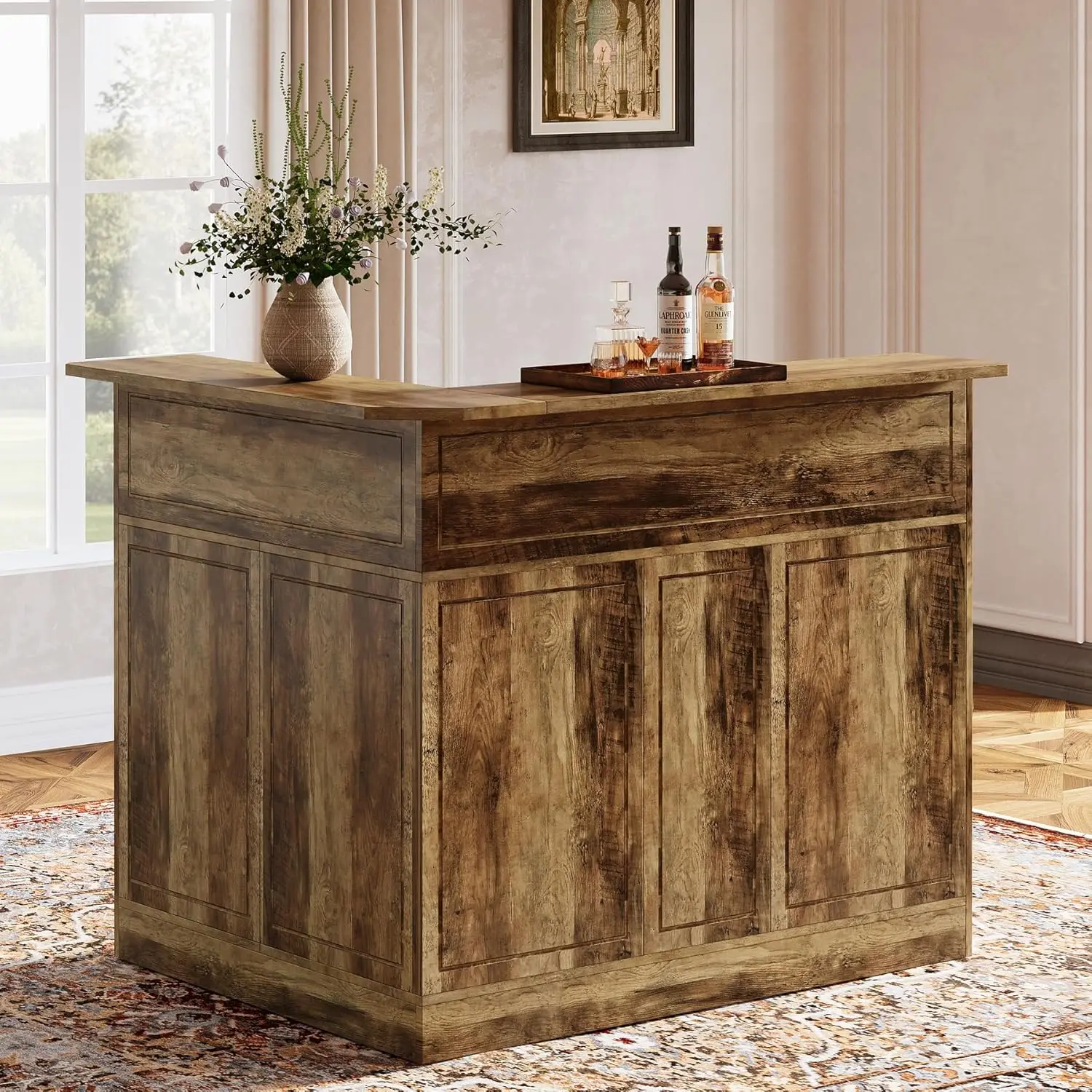 

L-Shaped Home Bar Table with Stemware Racks, 4-Tier Corner Bar Unit Liquor Wine Bar Table Reception Desk