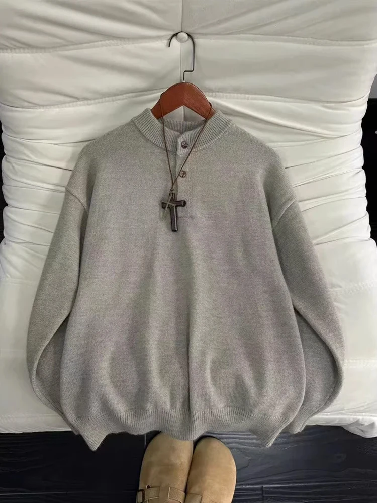 

Вязаный свитер с воротником Генри в американском стиле ретро для мужчин и женщин, осень-зима, свободный крой, удобный повседневный однотонный свитер