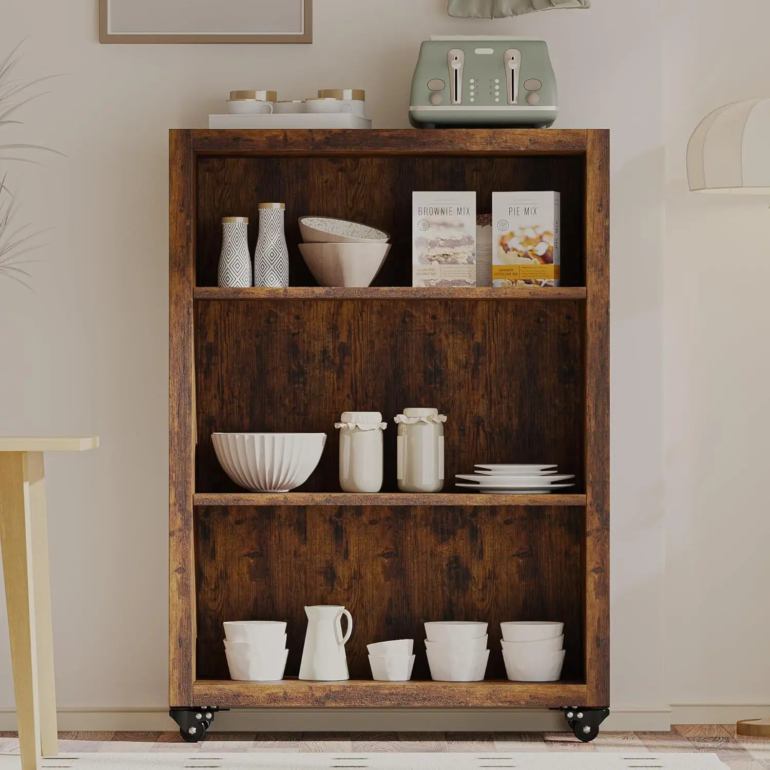 3-Tier Bookshelf with Wheels Book Storage Organizer Bookcase Floor Standing Fixed Shelves Adjustable Shelf Display Shelves