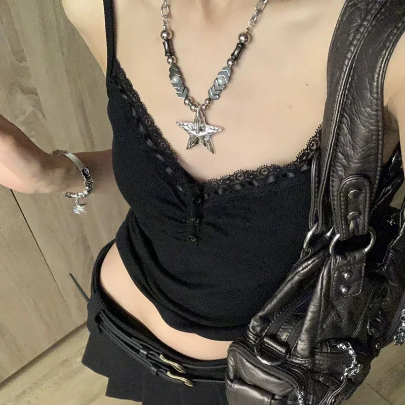 

Patchwork Lace Button Slim Women Tanks Sexy Folds Buttons Sleeveless Crop Top Black Vintage Y2K Corset Casual Fashion T-shirt