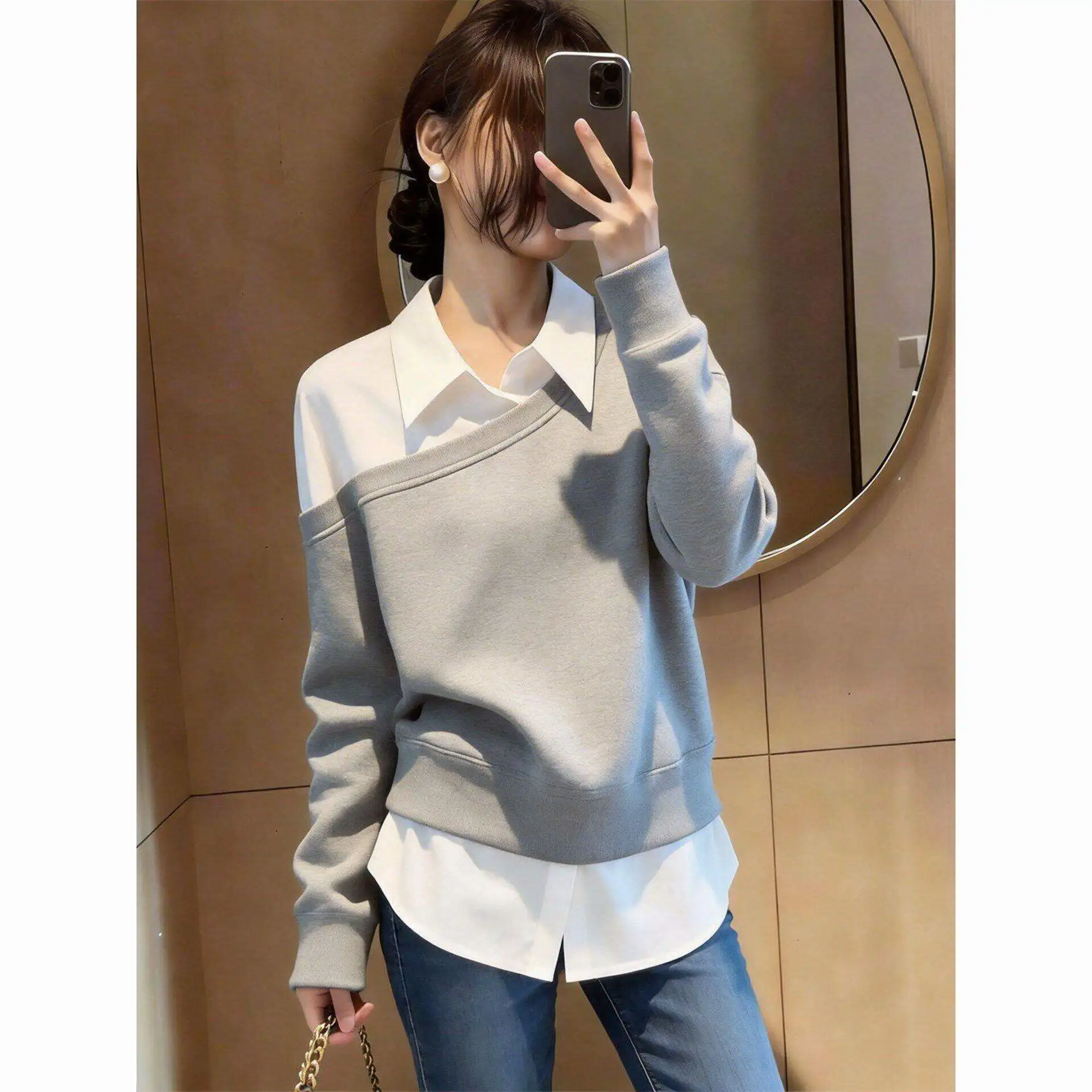 Kimotimo 2026 Spring New Women Fake Two‑piece Sweatshirt Color‑block Splicing Relaxed Versatile Temperament Long‑sleeve Tops