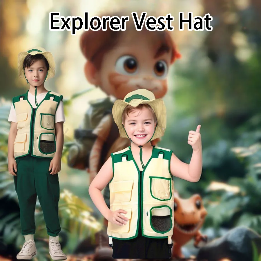 Kinder Camping Explorer Weste Hut Anzug Outdoor-Abenteuer Kleidung Kinder mehrere Taschen Insekten Angeln Party Cosplay Kostüme