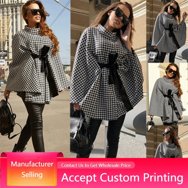

Women Cloak Coat Autumn Winter Batwing Sleeve Loose Oversize Coat Turtleneck Houndstooth Printed Coat Female Outerwear Tops