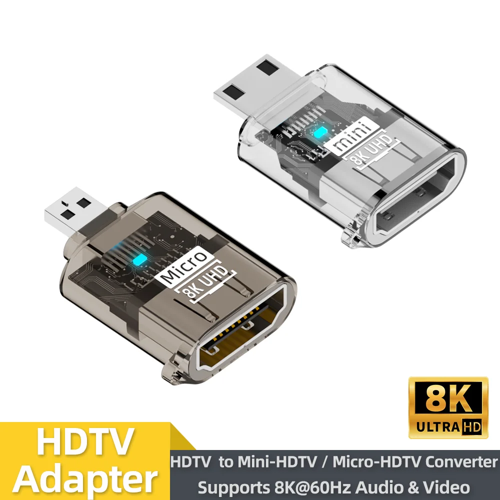 HDTV Female to Mini‑HDTV / Micro‑HDTV Male Adapter Compatible with HDMI 2.1, 8K@60Hz Audio Video Transmission for Camera Laptop