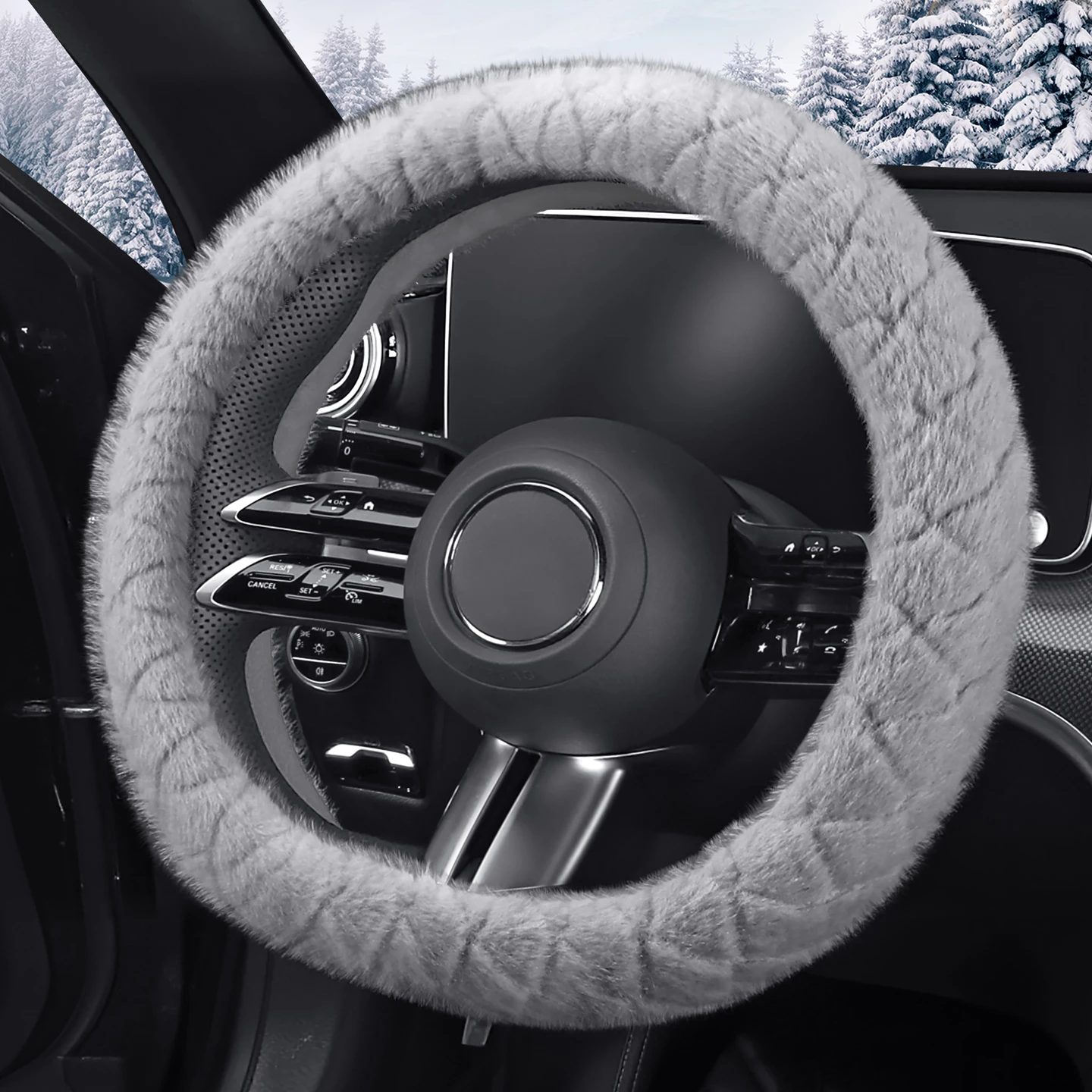 D Shape Winter New Plush Diamond Pattern Car Steering Wheel Cover Soft Comfortable Breathable for 15inch 38cm Steering Wheel