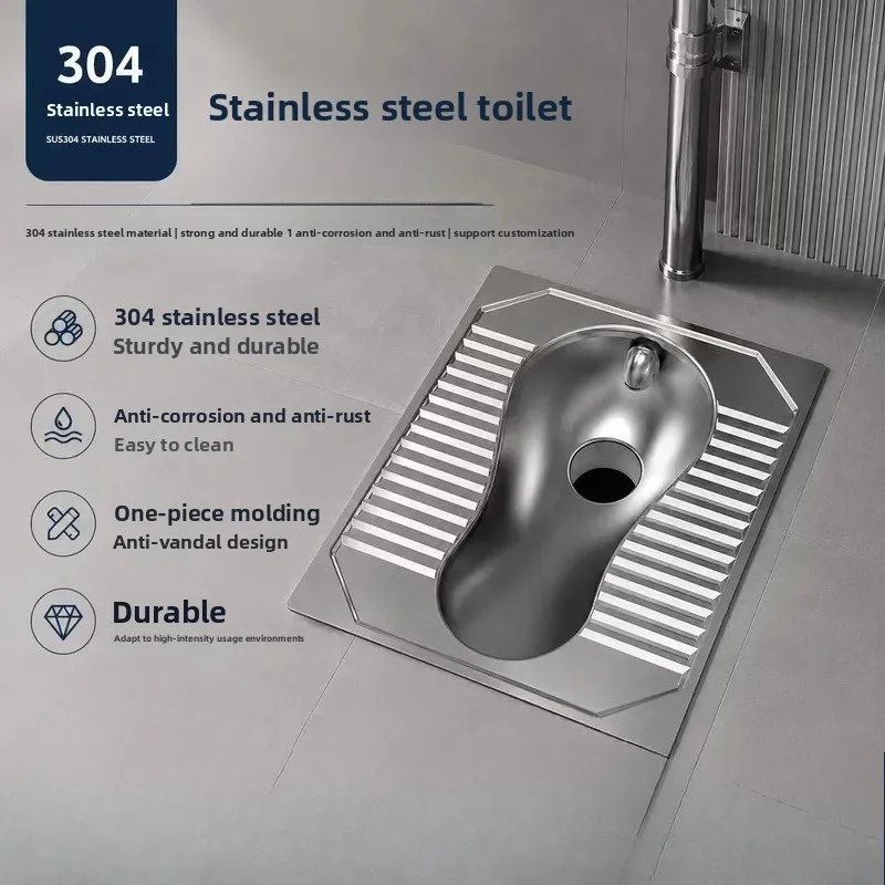 ustom 304 Stainless Steel Squat Toilet Pan with S-Trap Odor Proof, Anti-slip Squat WC for School, Hospital, Public Restroom