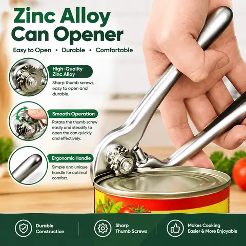 Manual Can Opener Heavy Duty Stainless Steel Kitchen Tool Multifunction Zinc Alloy Beer Bottle Opener for Home Bar Restaurant Durable Ergonomic Non Slip Handle Smooth Edge Cutting Safe Professional Cookware