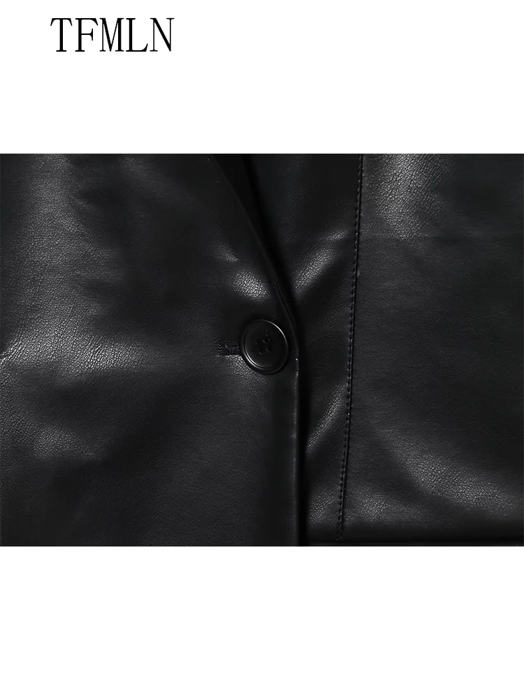 Mulheres finas jaquetas de couro falso moda entalhado único botão causal chique casacos manga cheia bolsos outwear 2025 outono inverno