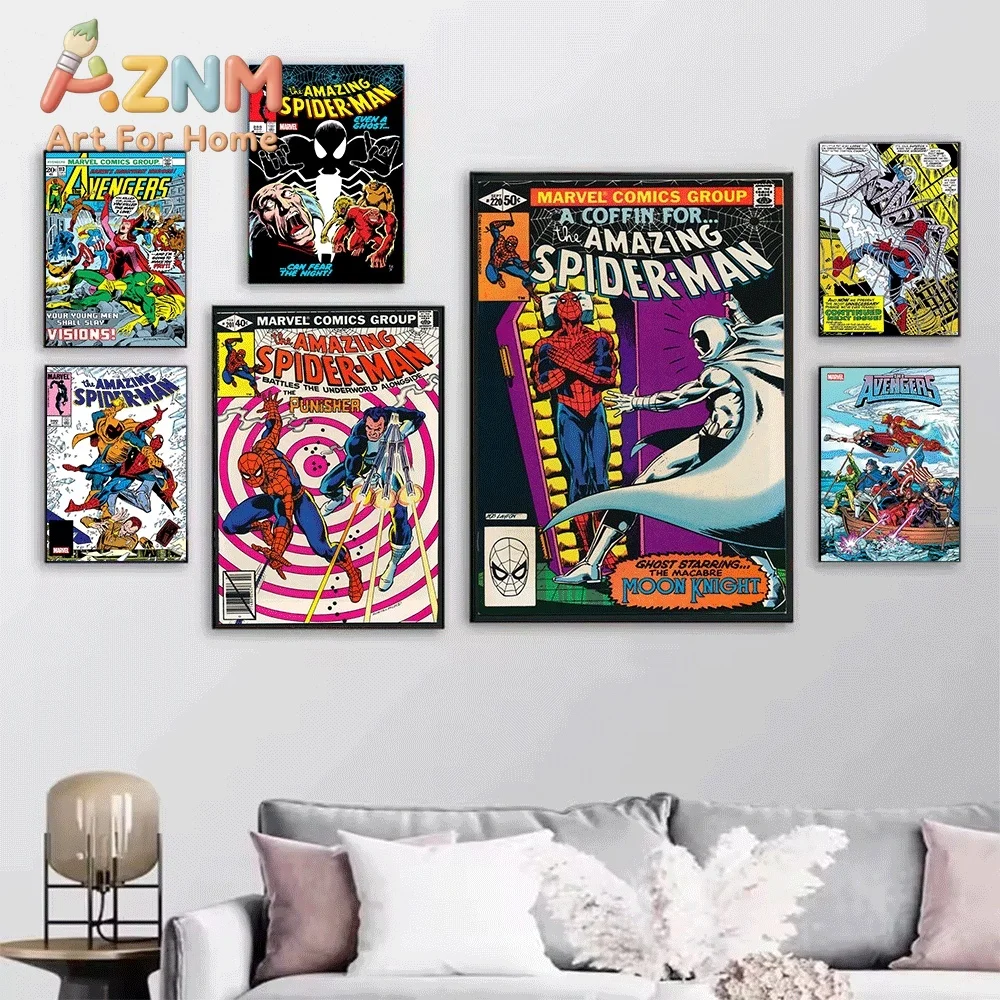 Spider Man Punisher Moon Knight Avengers Vintage Comic Canvas Wall Art Unframed Single Canvas Print Superhero Poster Home Bedr