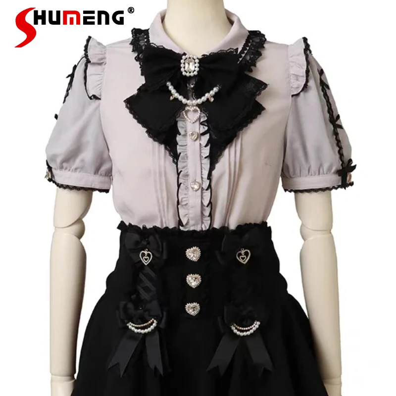 Japanese SC Mine Series Shirt Mass-Produced Lolita Sweet Bow Chain Heart Pendant Blouse Summer Short Sleeved Y2k Sweet Blusas