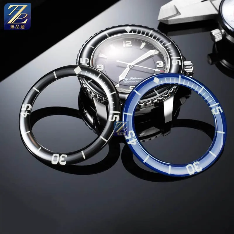 Círculo de escala luminosa negra y azul de 42,7mm para Blancpain Fifty Fathoms serie 5015, esfera de escala de zafiro, anillo exterior, cronógrafo
