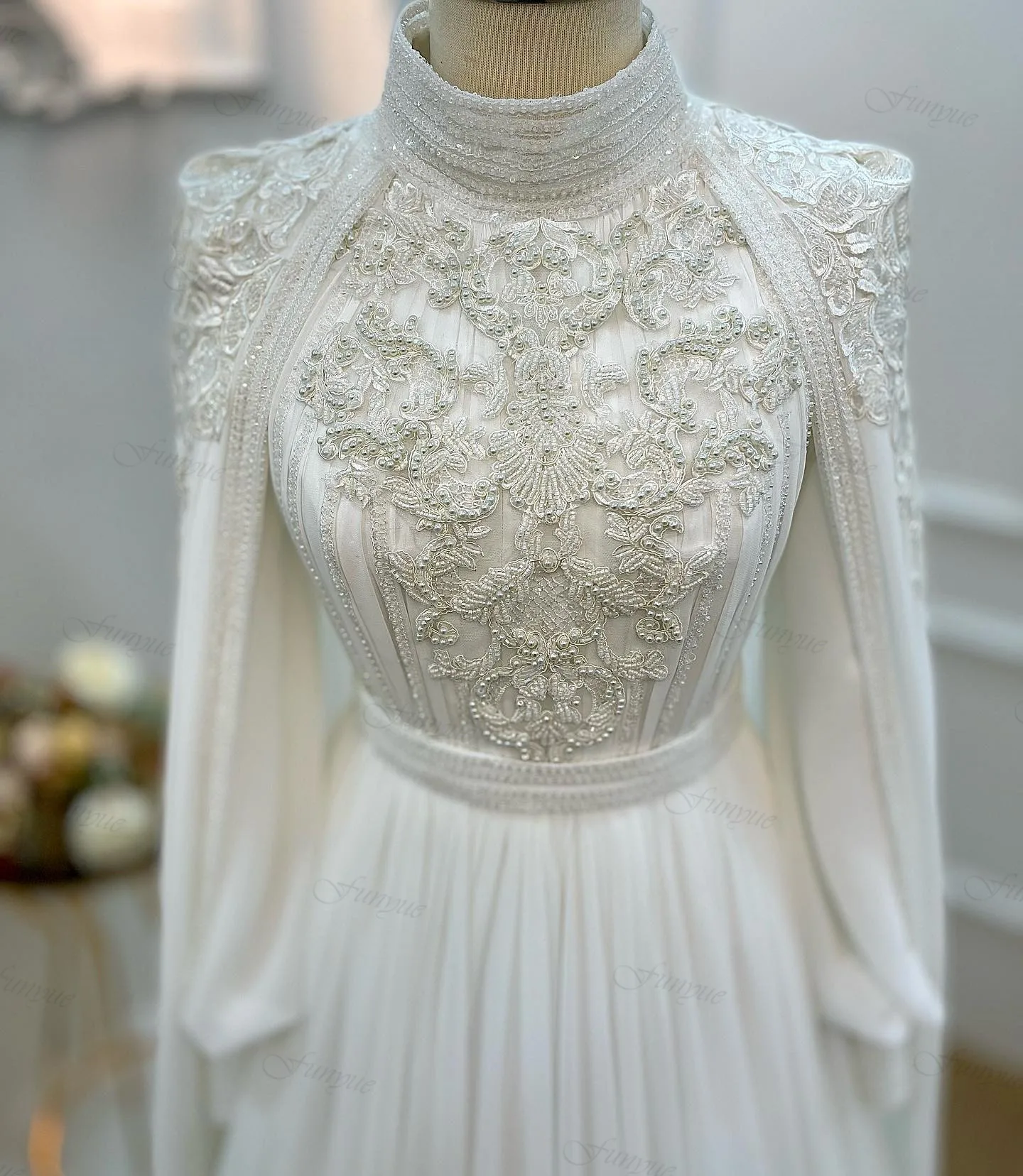 Vestidos De Casamento Elegantes com Grânulos De Renda, Vestidos De Noiva De Luxo De Dubai, Robe De Chiffon De Pescoço Alto, Manga Longa A-Line, Manto Muçulmano