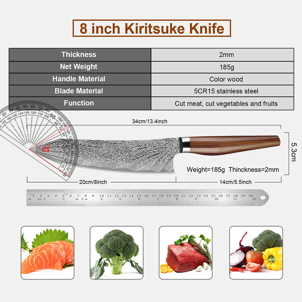 Kiritsuke Knife 8 inch Chef Knife Vegetable Meat Cleaver Japanese Kitchen Knives Stainless Steel - Ergonomic Pakkawood Handle