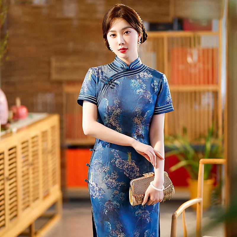 

Yourqipao 2023 Summer Long High Slit Blue Cheongsam Improved Slim Banquet Flower Qipao Traditional Chinese Clothing for Women