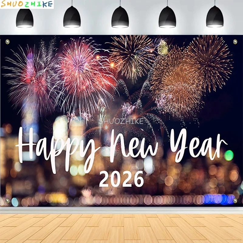 2026 الذهب سنة جديدة سعيدة خلفية بريق ساعة أضواء الشمبانيا بالونات عيد الميلاد الأسرة حفلة التصوير خلفية SZ-19 #2