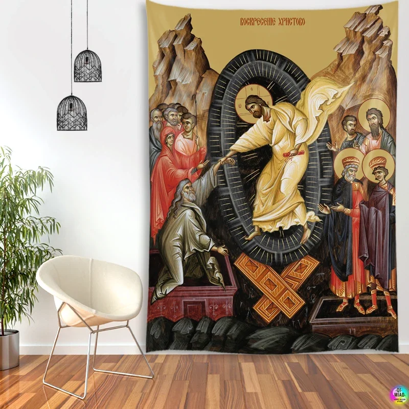 Religious Icon Tapestry - Jesus Christ Resurrection with Biblical Scenes,Spiritual Wall Art for Home,Church Decor,Religious Gift