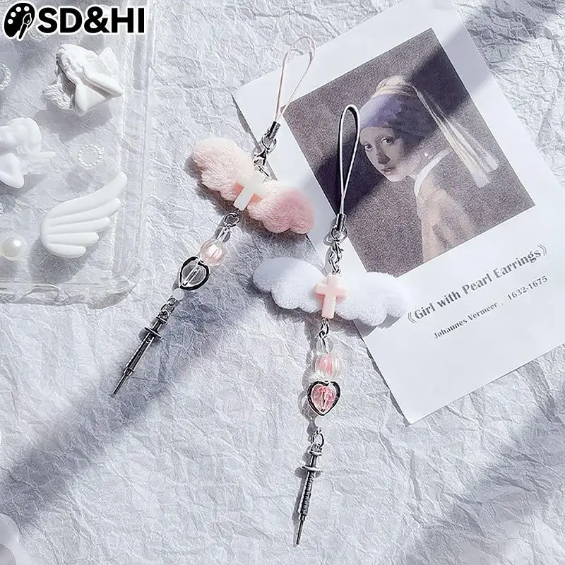 Pink Cross Wing Phone Charms Bag Pendant Kawaii Key Chain For iPhone Cute Accessories Women Girl Phone Lanyard Beaded Strap