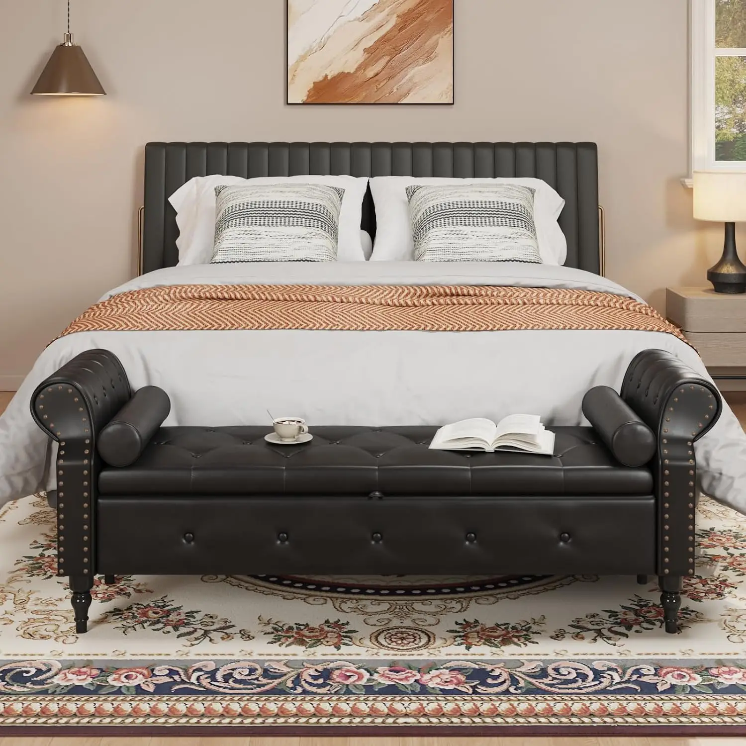 65 Inch Upholstered Storage Bench Bedroom King Bed Foot Chest Rolled Arms Nailhead Trim Window Seat Faux Leather, Customized