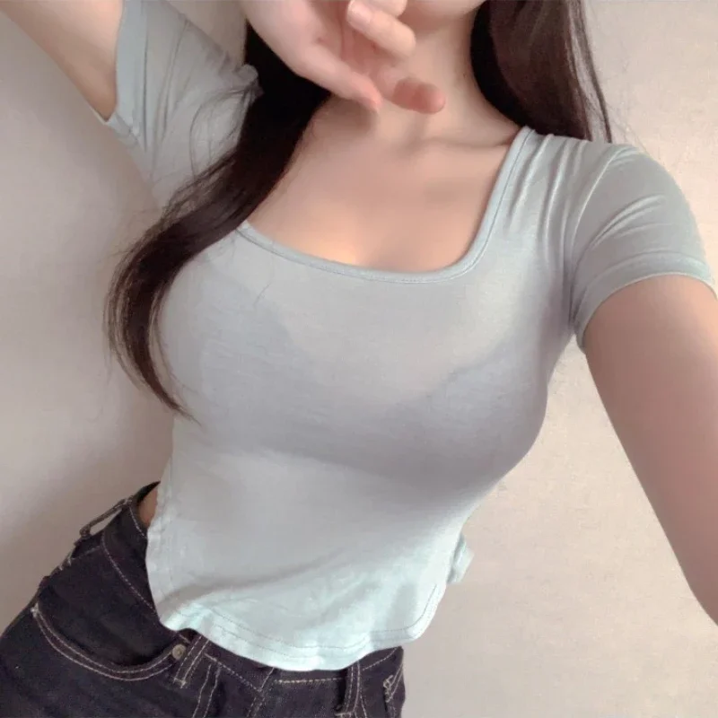 2025 Camiseta Sexy para mujer, Tops transparentes, camisetas transparentes de manga larga, camiseta ajustada de seda con cuello alto liso para mujer, Top corto de encaje