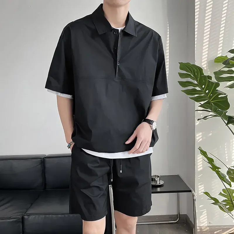 

Polo Shirt T-shirts Shorts Suits for Men Plain Basic Polyester Korean Two Piece Set Aesthetic Casual Style 2025 Elastic Man Sets