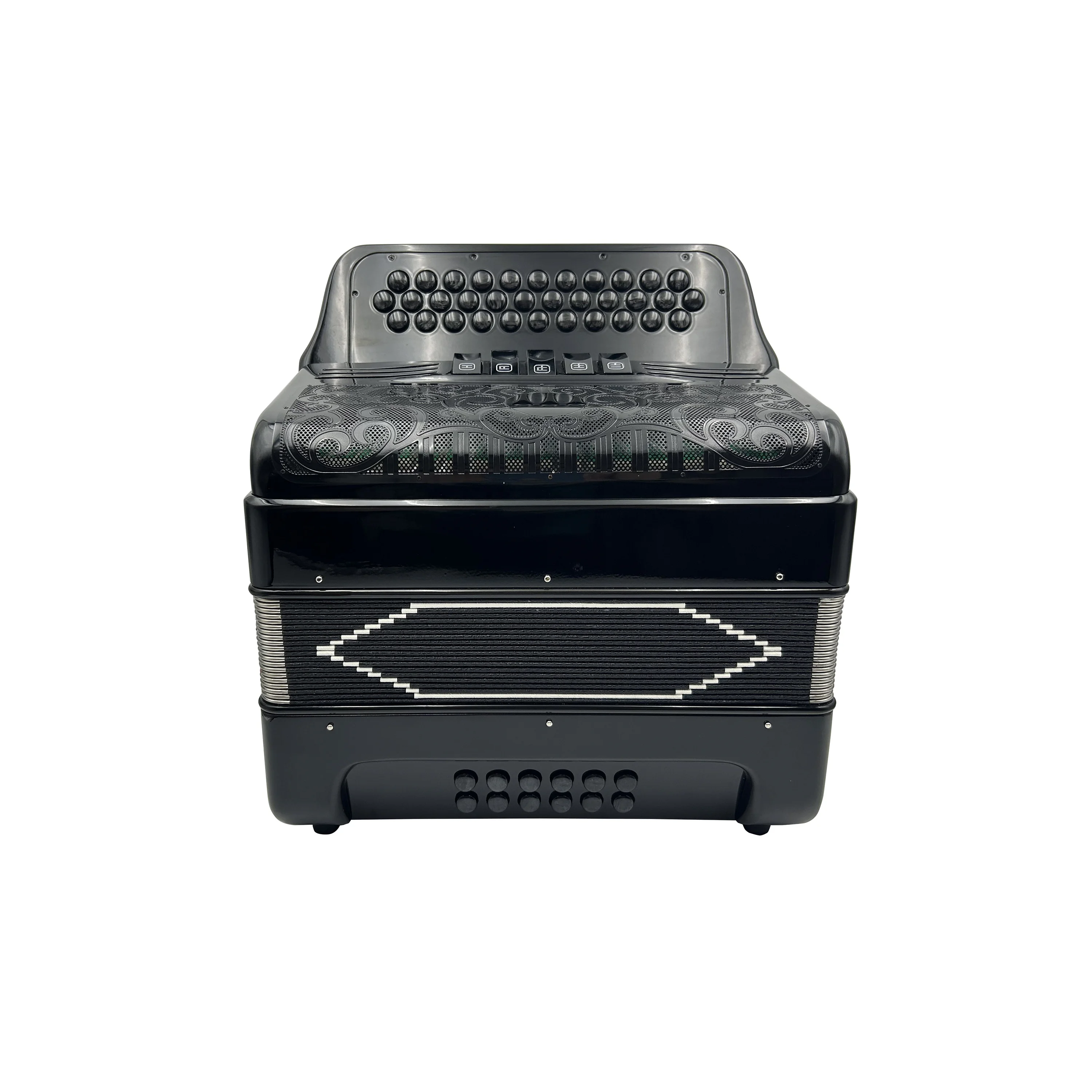 JB3412D Diatonic Wood Accordion Instrument 34 Buttons 12 Bass 5 Registers Professional Bright Black Body Black Grill Black