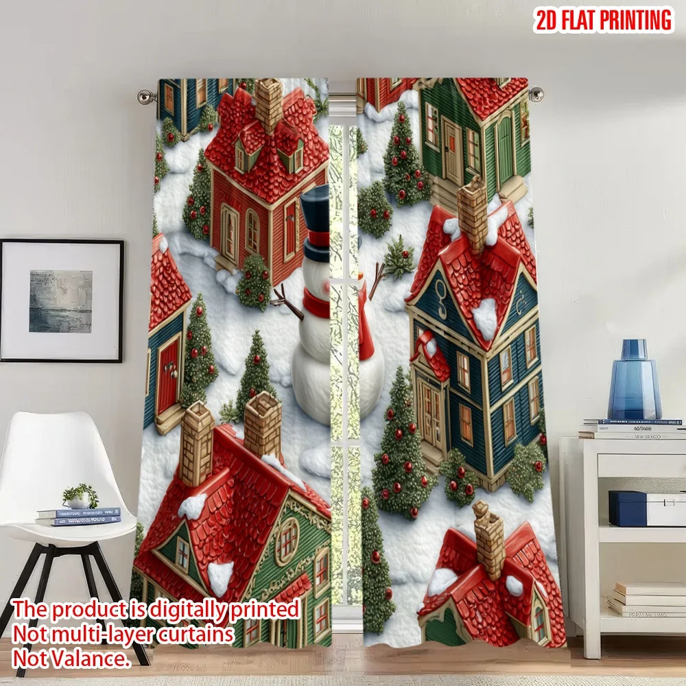

2pcs 2D flat printing Merry Christmas Curtains Christmas Snowman Village Houses Digital Printed Polyester Drapes Festive