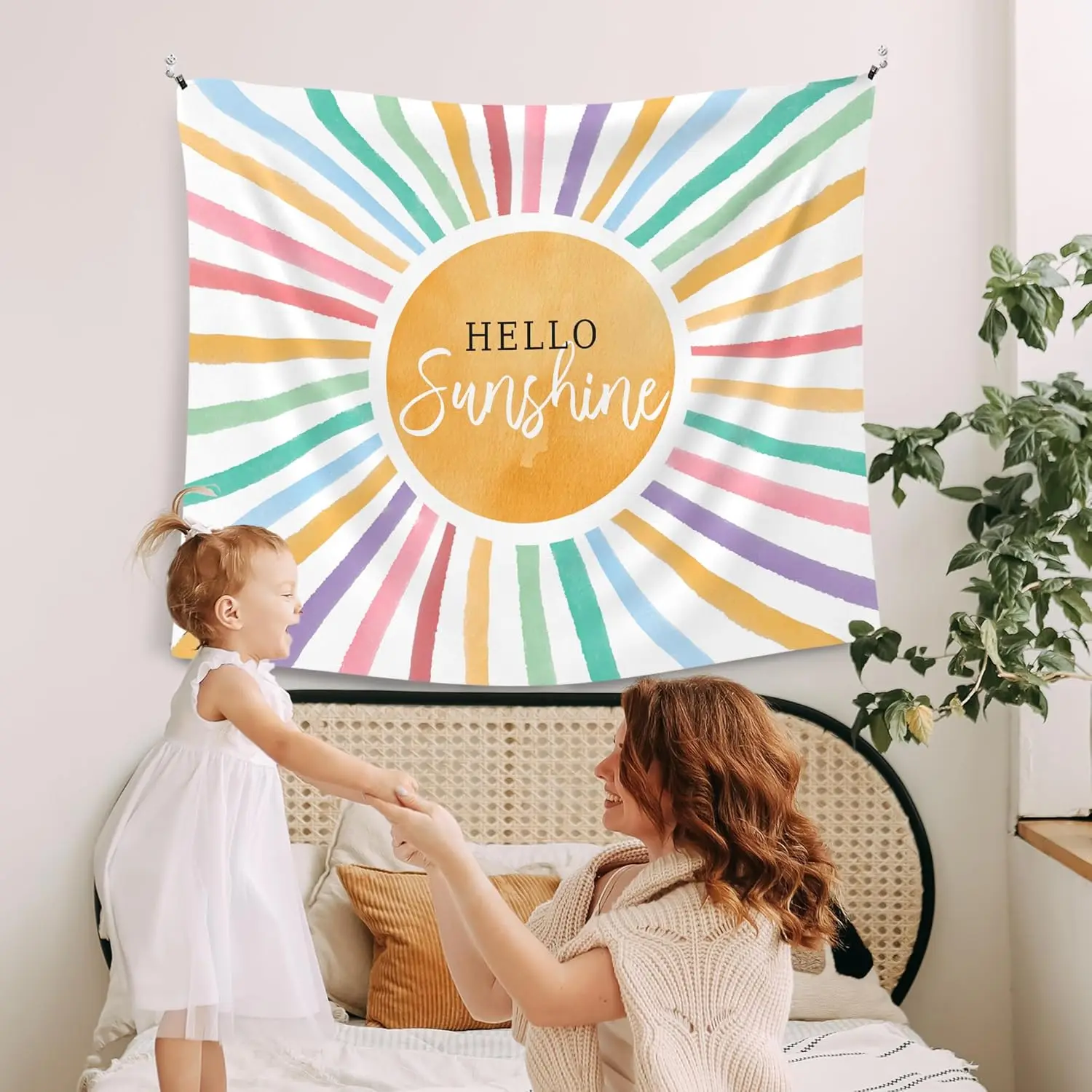 Hello Sunshine Tapestry - Colorful Sunburst Wall Art, Positive Quote Decor, Bedroom & Living Room Hanging, Multiple Sizes
