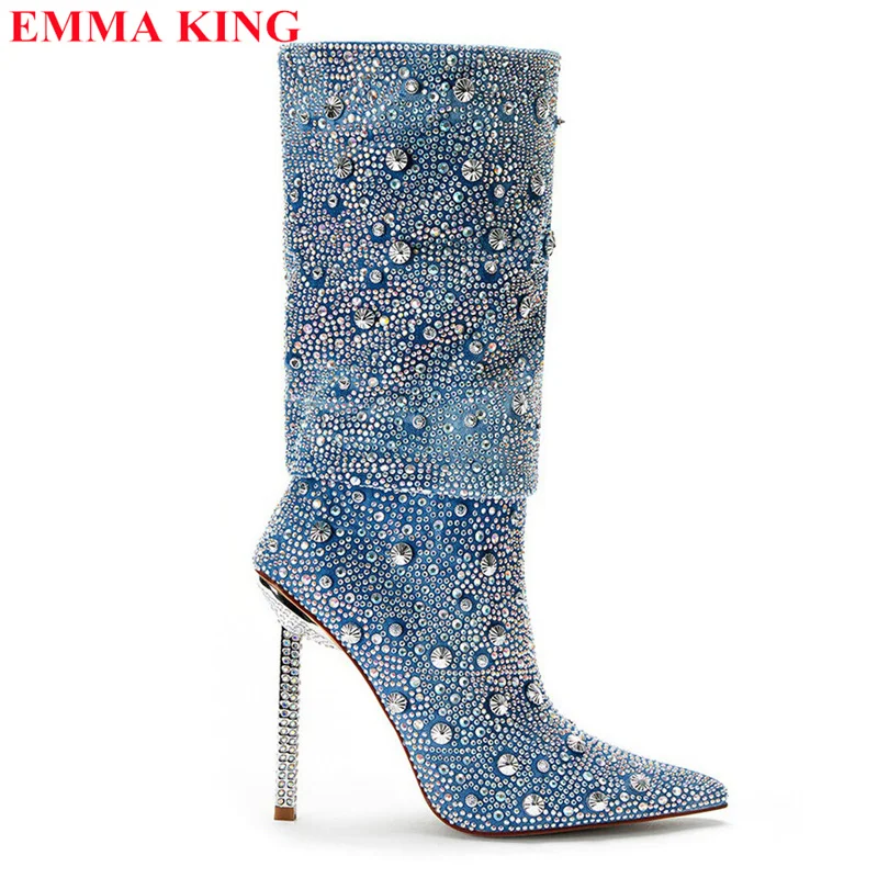 Fashion Denim Blue Rhinestone Mid Calf Boots Women Luxury Crystal Thin High Heel Women Boots Casual Cowboy Boots For Women 2023