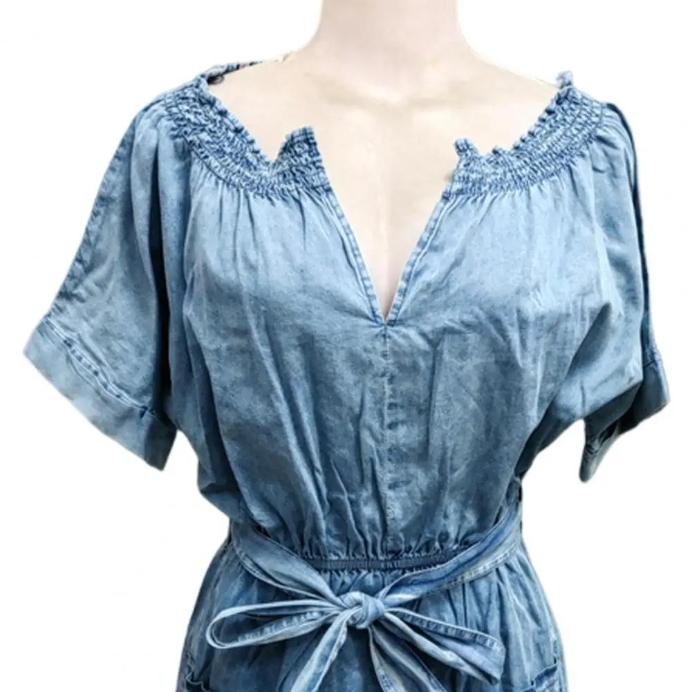 Womens Vintage  Washed Loose Denim Rompers Summer Ruffle Sleeve V Neck Wide Leg Belted Casual Short Jean Jumpsuit With Pockets