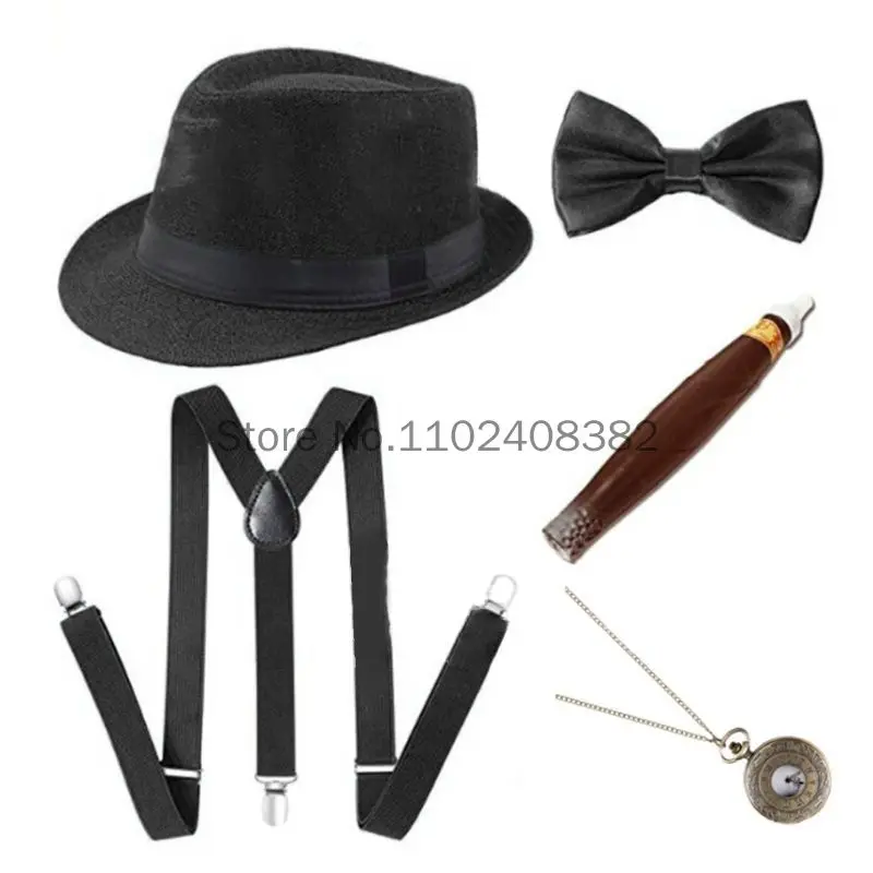 1920s Mens Cosplay Gangster Costume Accessories Set Manhattan Hat Suspenders Pre-Tied Bow Tie Fake Plastic Cigar Pocket Watch