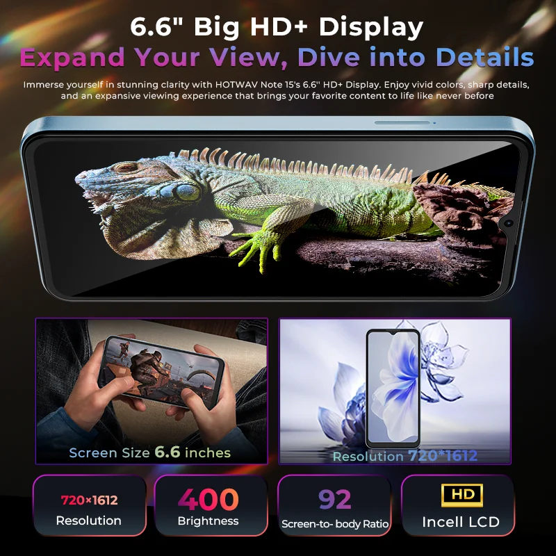 هاتف ذكي HOTWAV Note 15 بشاشة 6.6 بوصة HD + شاشة أندرويد 14 5160 مللي أمبير في الساعة هاتف محمول 8(4+4) جيجابايت + 64 جيجابايت ثماني النواة 13 ميجابكسل هاتف محمول رفيع للغاية
