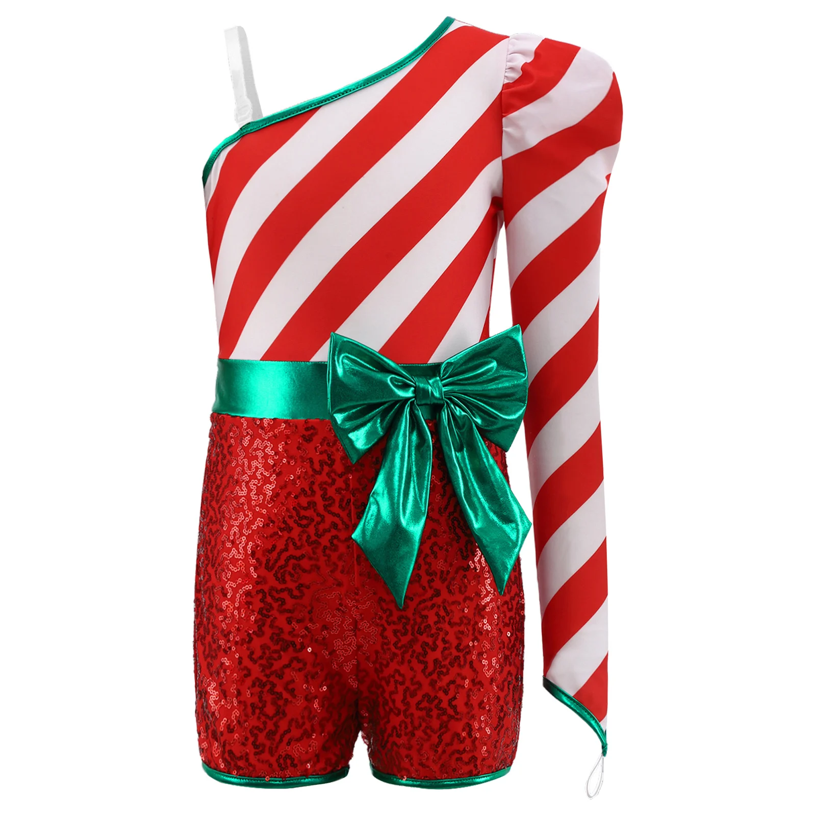 

Girls Christmas Leotards Candy Cane Costume Jazz Skating Dresses Sequin One Long Sleeve Zipper Bow Jumpsuit for Xmas Performance