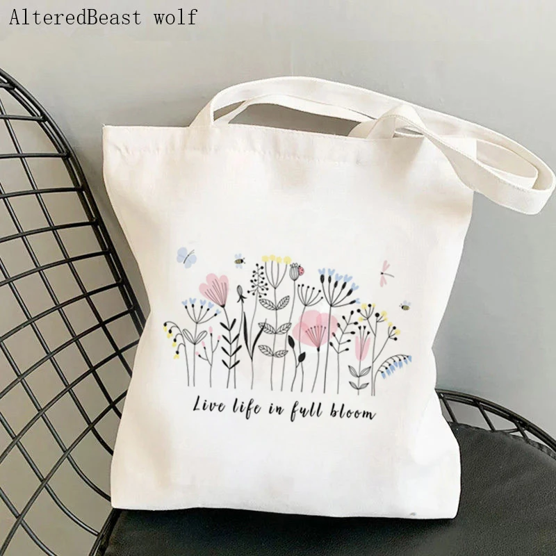 Women Shopper bag Live Life In Full Bloom Wildflower Bag Harajuku Shopping Canvas Shopper Bag girl handbag Shoulder Lady Bag