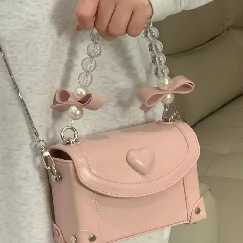 New Sweet Pink Beading Handbag Exquisite Solid Bow Design Small Square Crossbody Pack Korean All-match Popular Bags