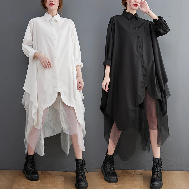 Loose Oversized Mesh Skirt Shirt Tailored Commute Style Asymmetrical Splicing Butt Covering Long Sleeve  Collar Mid-Length