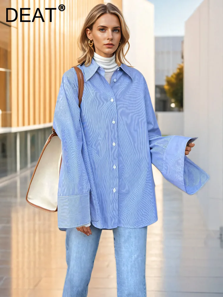 DEAT Fashion Women Vertical Stripes Shirt Lapel Loose Fit Single Breasted Blue White Long Sleeve Blouse Autumn 2024 New 7AB4778