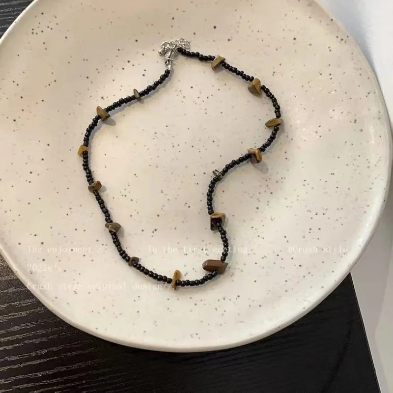 Salircon Vintage Black Rice Bead Beaded Short Necklace Trend Casual For Men CCB Necklace Bohemian On Neck Jewelry