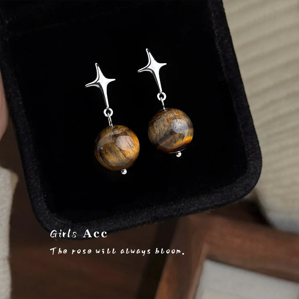 Niche Senior Handmade Maillard Tiger Eye Natural Stone Star Earrings Personalized Cold Style Fashion Daily Commute Drop Earrings