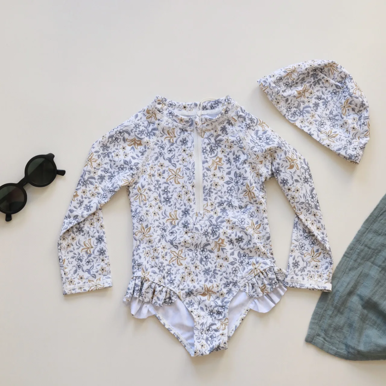 1-7T Toddler Kid Girls Swimwear Summer Clothes Set Print Long Sleeve Swim Bodysuit Sun Protection Quick-dry Swimsuit 5