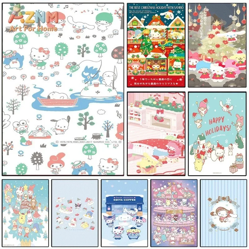 Sanrio Characters Winter River Scene Canvas Wall Art Unframed Canvas Poster Kawaii Xmas Print Kids Room Wall Decor Gift