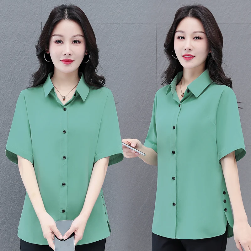 

New Korean version slim fit professional shirt with elegant summer temperament and simple women's lapel casual versatile top