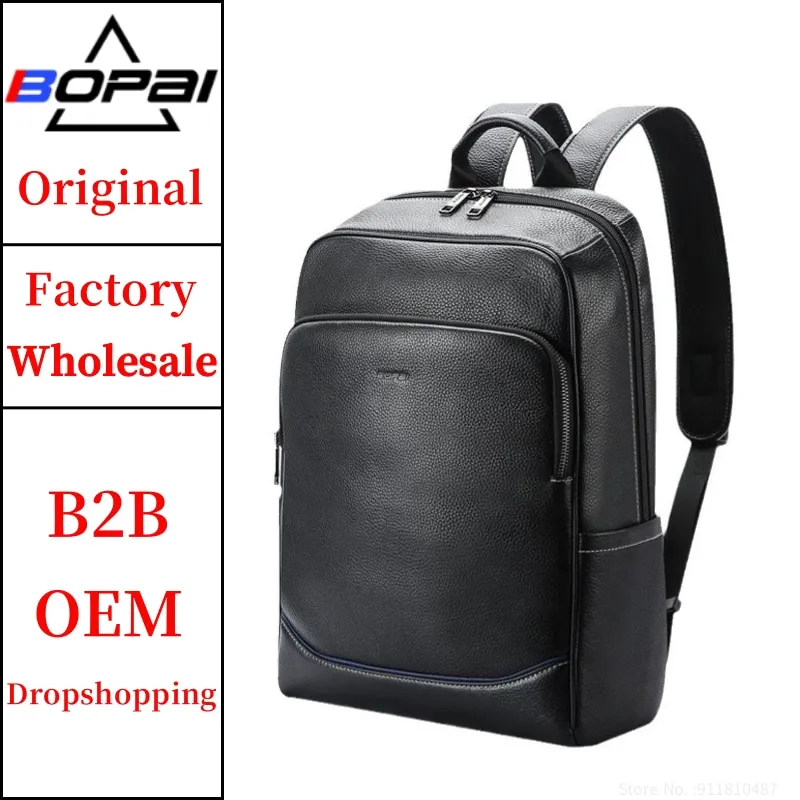 BOPAI Wholesale  luxury Custom Logo Male 15.6 Inch Premium Laptop Backpack Men Office Genuine Leather Back Pack