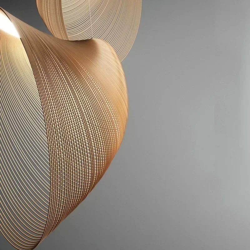 Italian Creative Minimalist Straw Hat Linear Curve for Living Room Home Decoration Wood Art Chandelier LED Pendant Lamps Simple